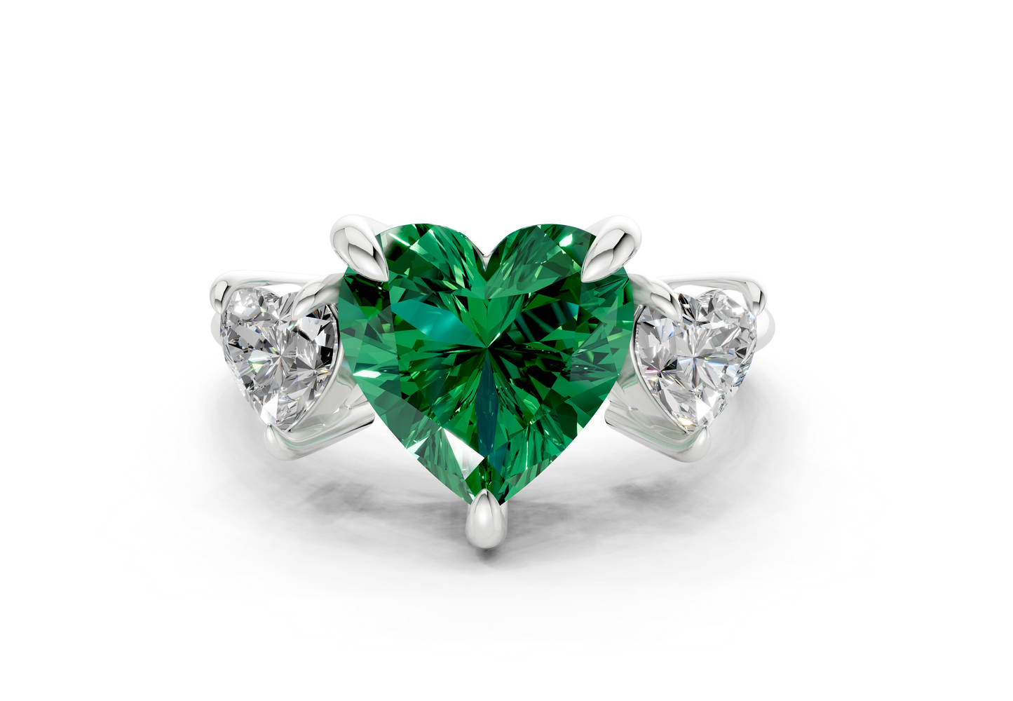 Valencia Emerald Gemstone Three Stone Heart Cut 2mm Engagement Ring