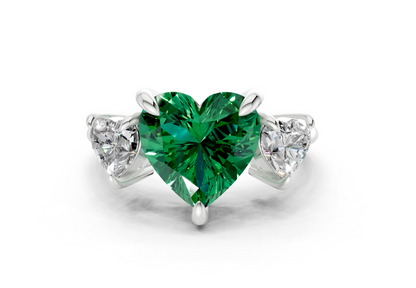 Valencia Emerald Gemstone Three Stone Heart Cut 2mm Engagement Ring
