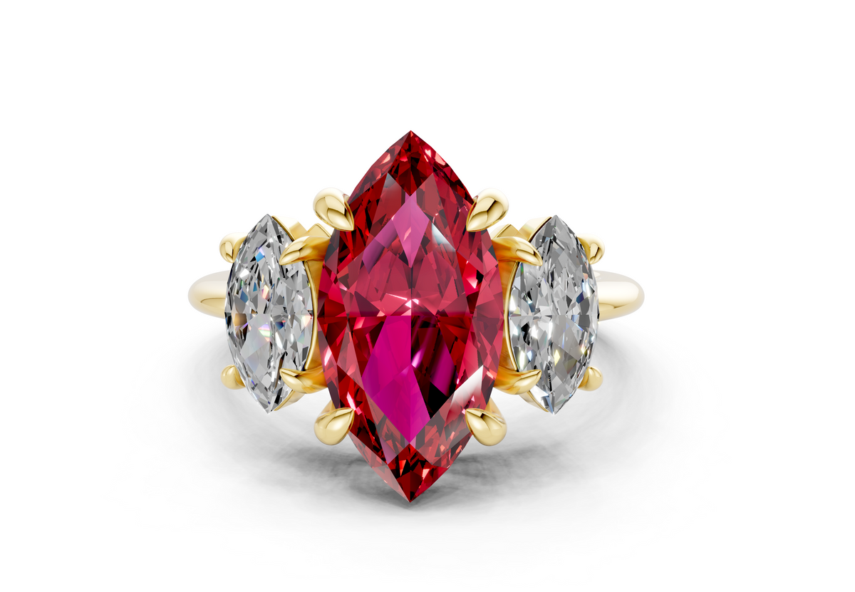 Valencia Ruby Gemstone Three Stone Marquise Cut 2mm Engagement Ring