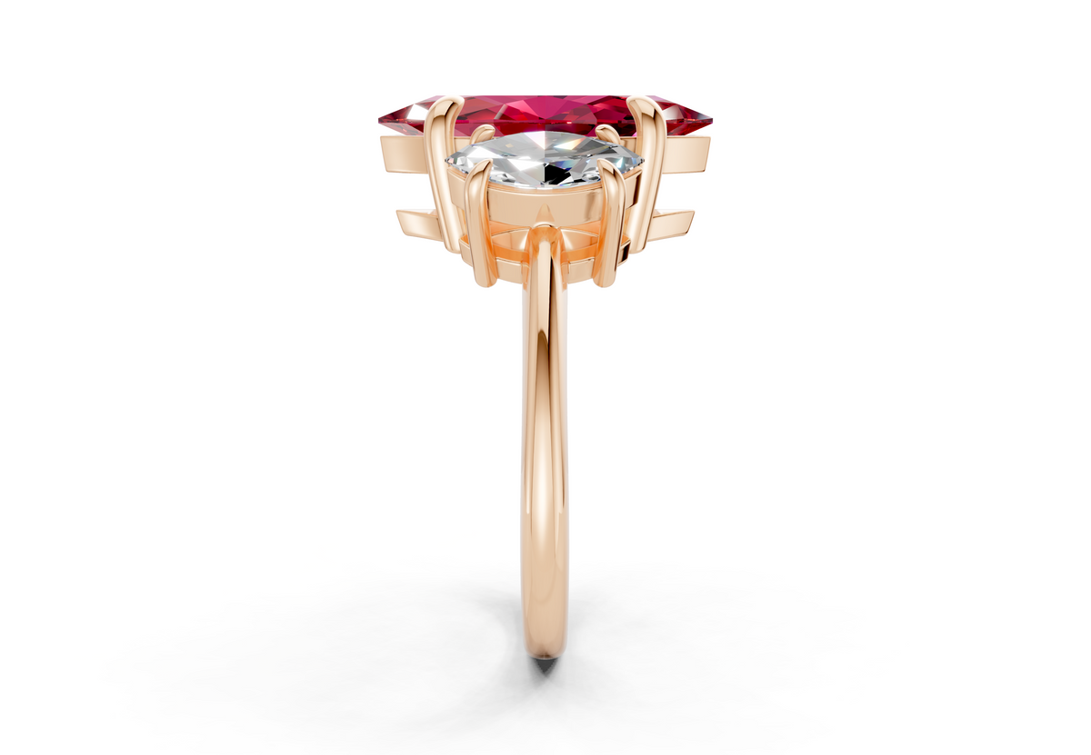Valencia Ruby Gemstone Three Stone Marquise Cut 2mm Engagement Ring