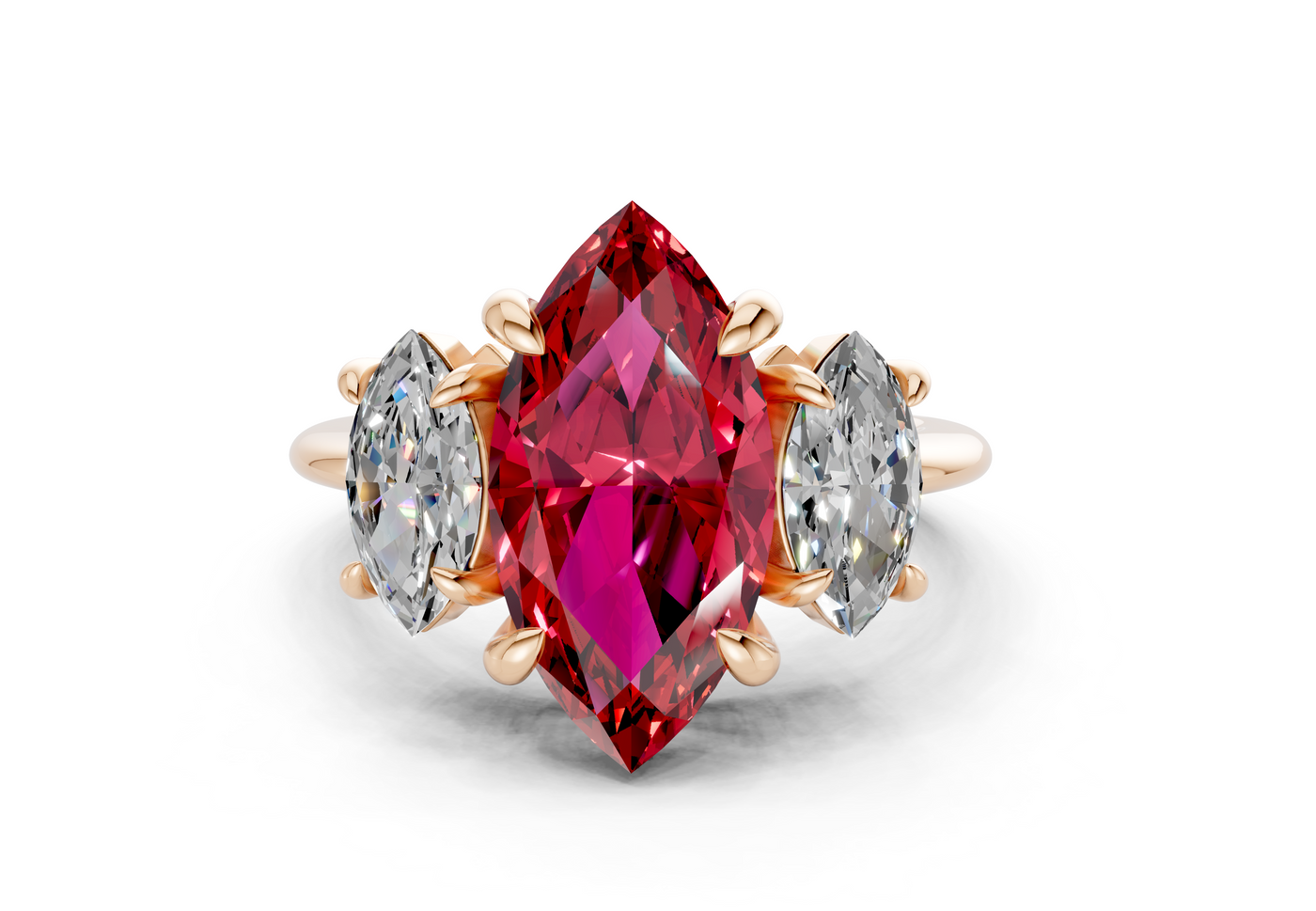 Valencia Ruby Gemstone Three Stone Marquise Cut 2mm Engagement Ring