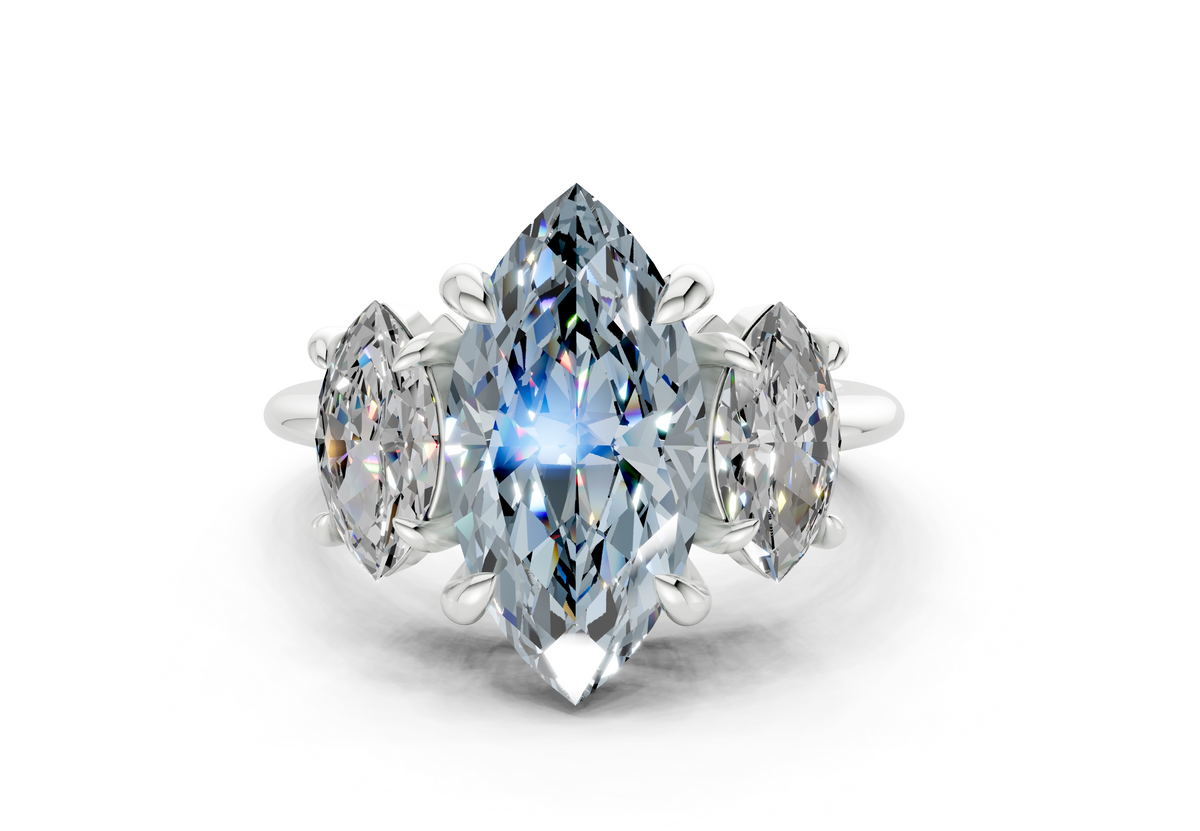 Valencia Blue Diamond Three Stone Marquise Cut 2mm Engagement Ring
