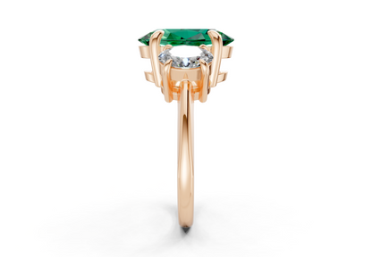 Valencia Emerald Gemstone Three Stone Oval Cut 2mm Engagement Ring