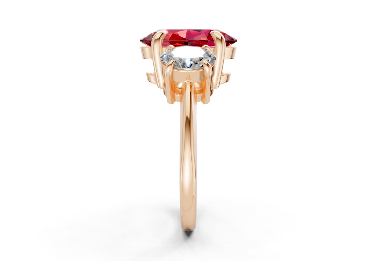 Valencia Ruby Gemstone Three Stone Oval Cut 2mm Engagement Ring