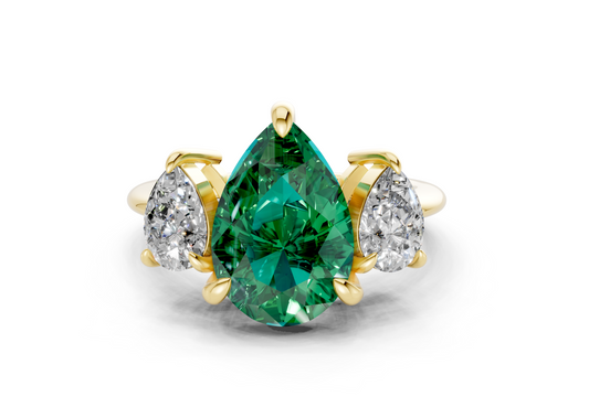 Valencia Emerald Gemstone Three Stone Pear Cut 2mm Engagement Ring