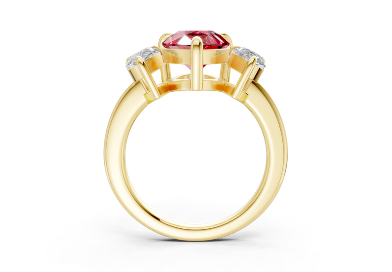 Valencia Ruby Gemstone Three Stone Pear Cut 2mm Engagement Ring