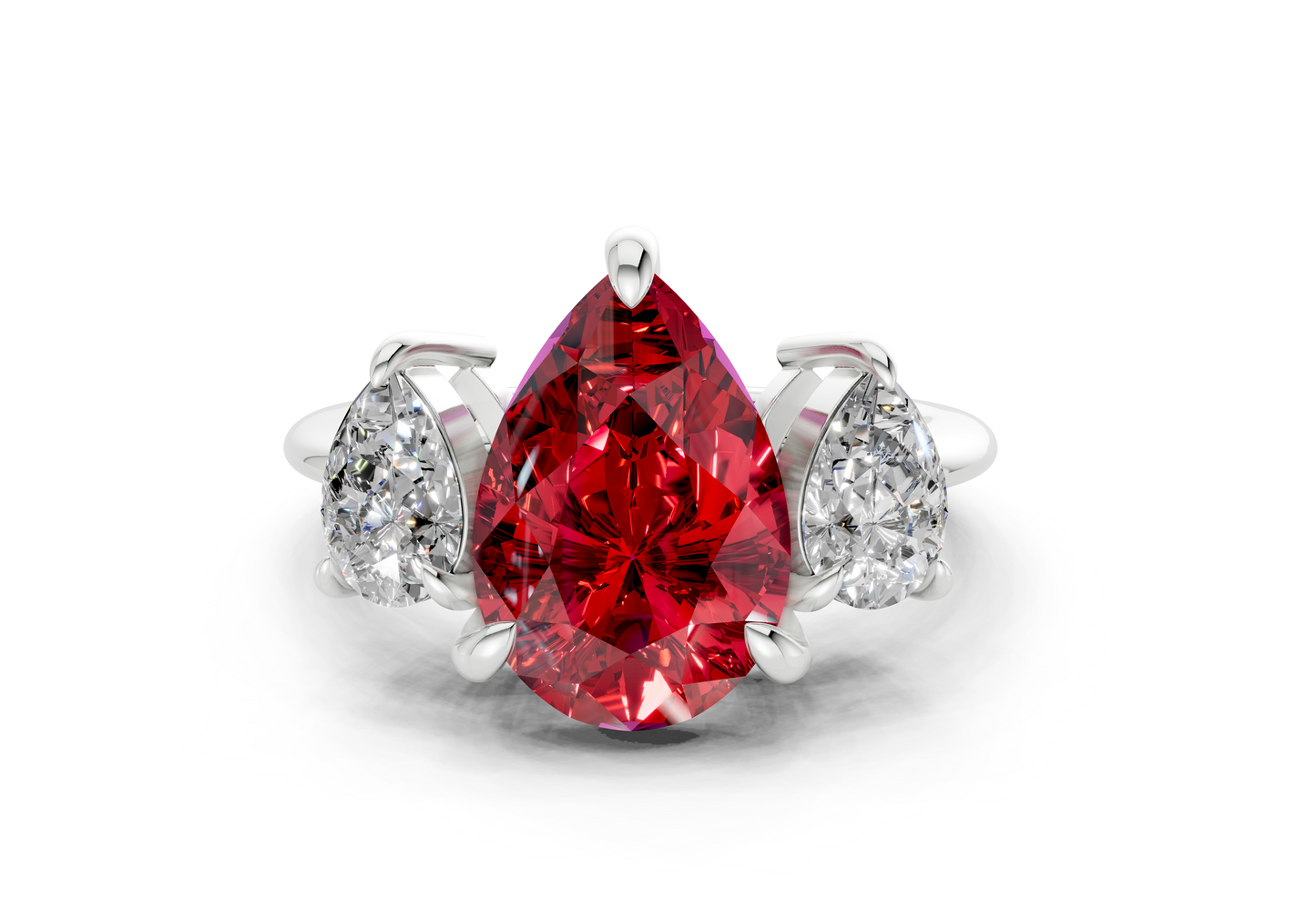 Valencia Ruby Gemstone Three Stone Pear Cut 2mm Engagement Ring