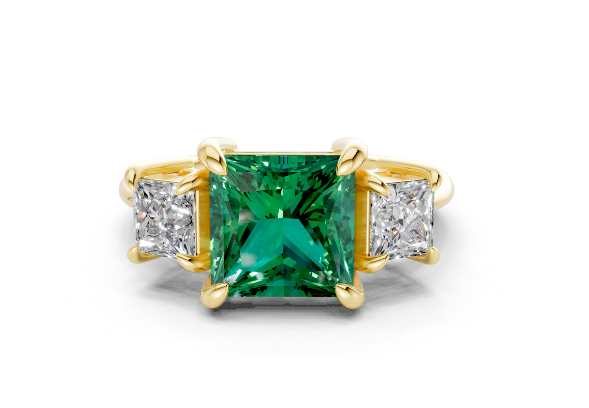 Valencia Emerald Gemstone Three Stone Princess Cut 2mm Engagement Ring