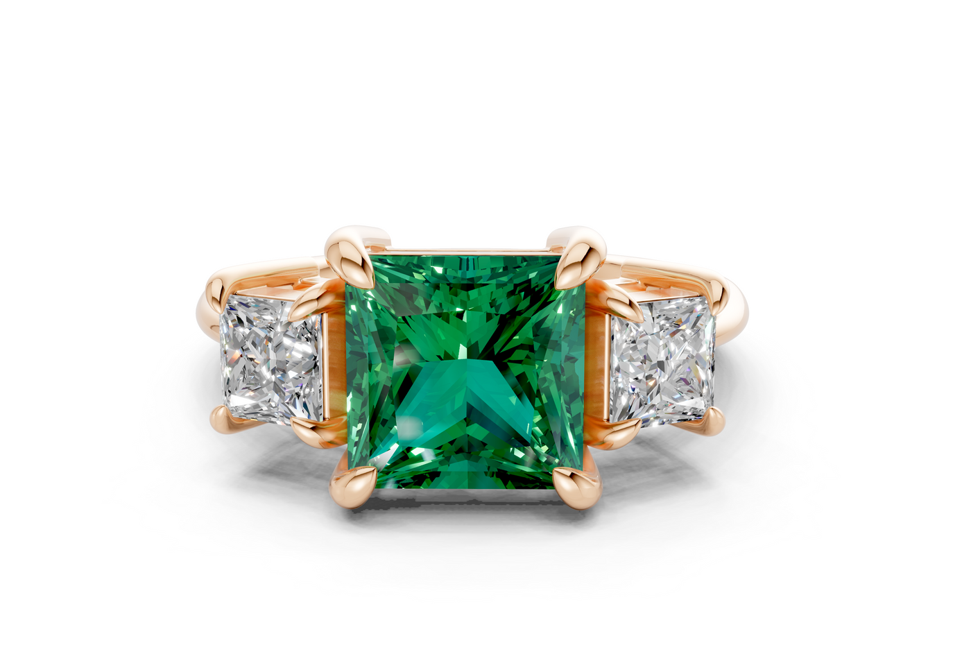 Valencia Emerald Gemstone Three Stone Princess Cut 2mm Engagement Ring