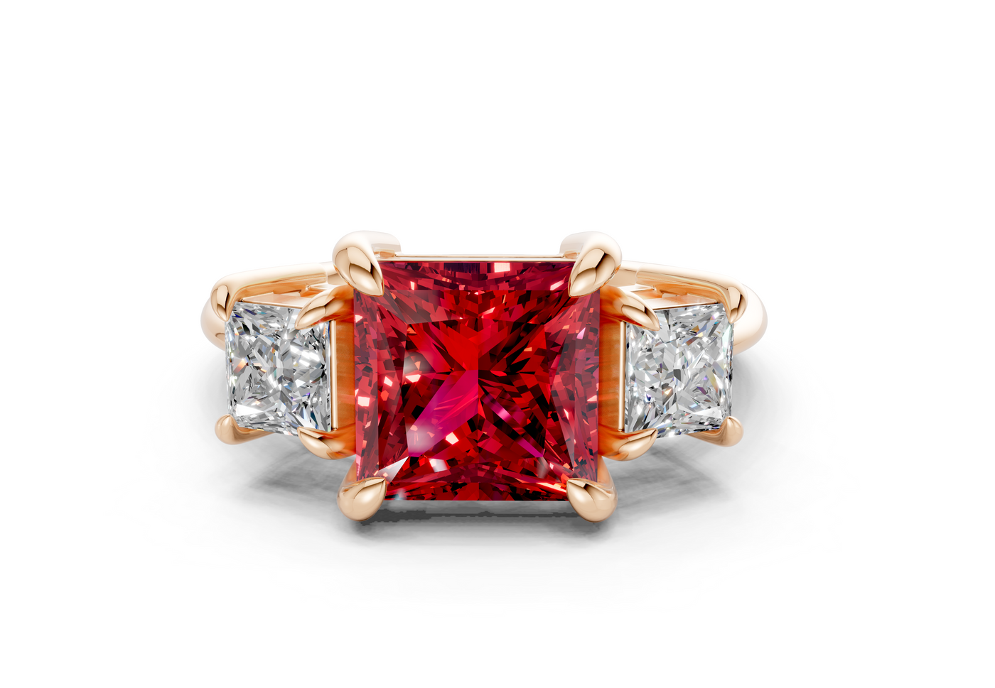 Valencia Ruby Gemstone Three Stone Princess Cut 2mm Engagement Ring