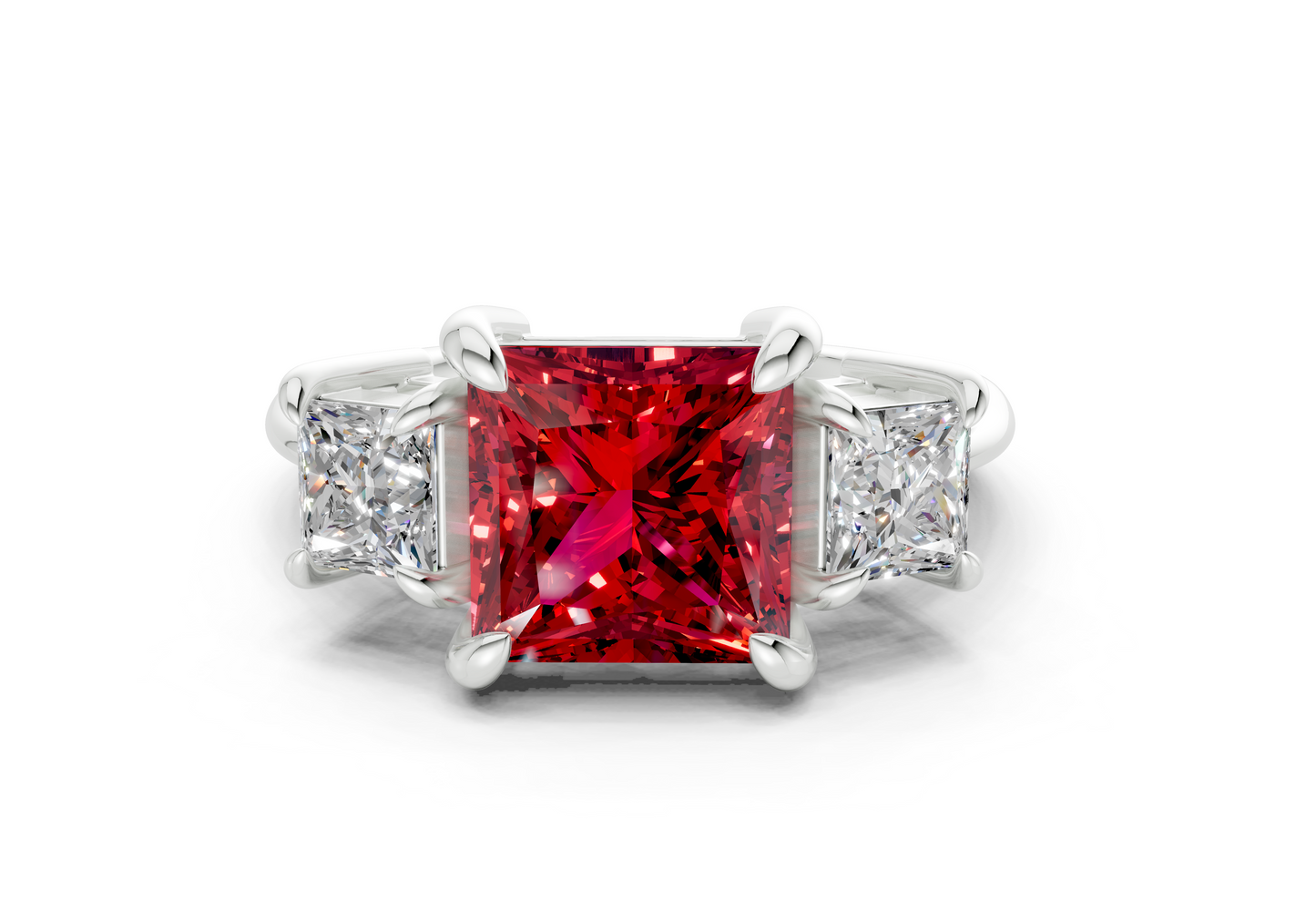 Valencia Ruby Gemstone Three Stone Princess Cut 2mm Engagement Ring