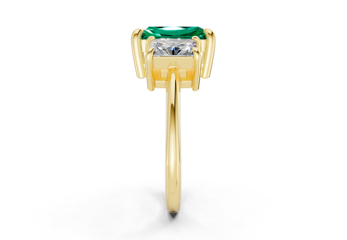 Valencia Emerald Gemstone Three Stone Radiant Cut 2mm Engagement Ring