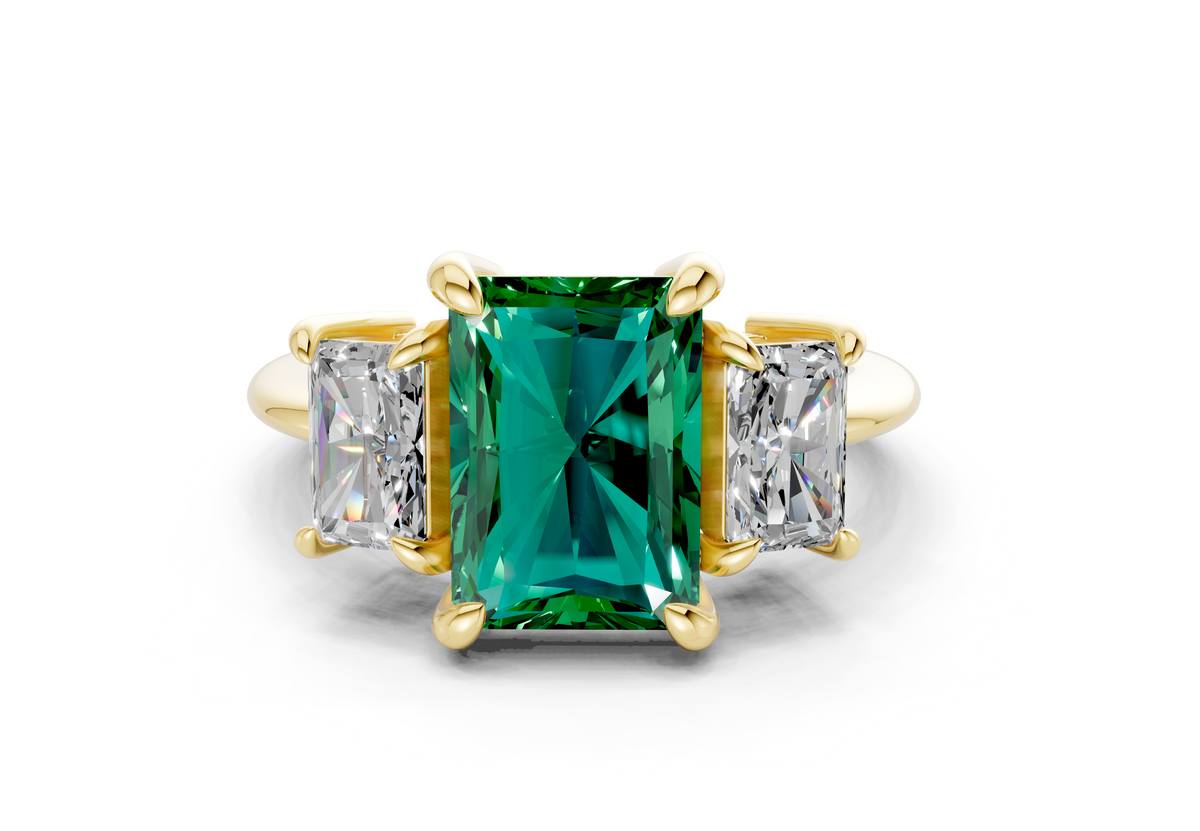 Valencia Emerald Gemstone Three Stone Radiant Cut 2mm Engagement Ring