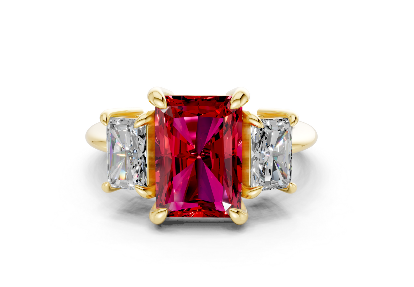 Valencia Ruby Gemstone Three Stone Radiant Cut 2mm Engagement Ring