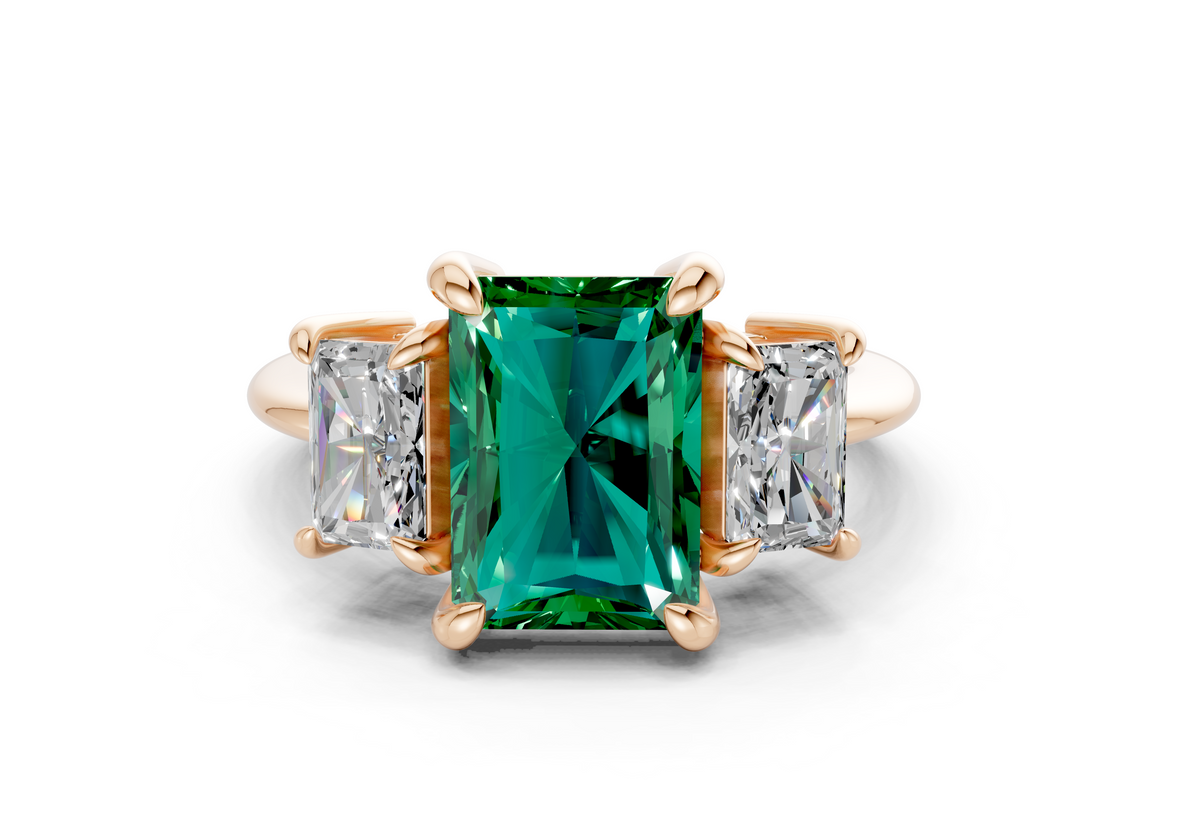 Valencia Emerald Gemstone Three Stone Radiant Cut 2mm Engagement Ring