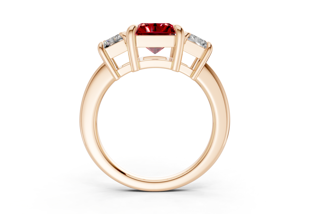Valencia Ruby Gemstone Three Stone Radiant Cut 2mm Engagement Ring