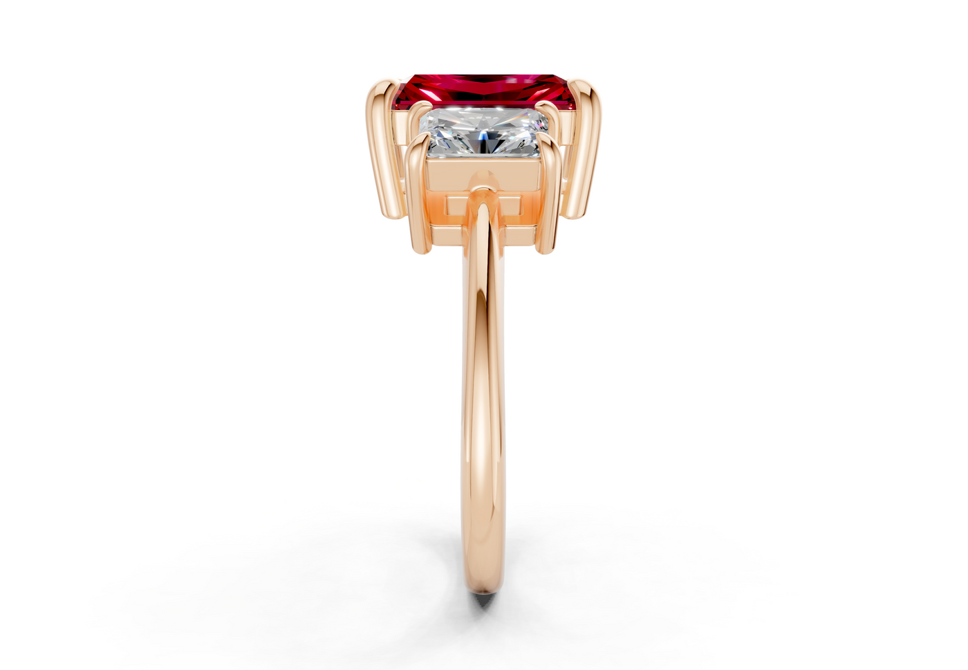 Valencia Ruby Gemstone Three Stone Radiant Cut 2mm Engagement Ring