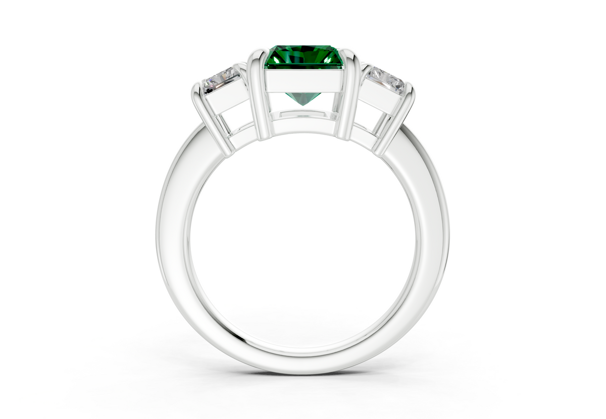 Valencia Emerald Gemstone Three Stone Radiant Cut 2mm Engagement Ring