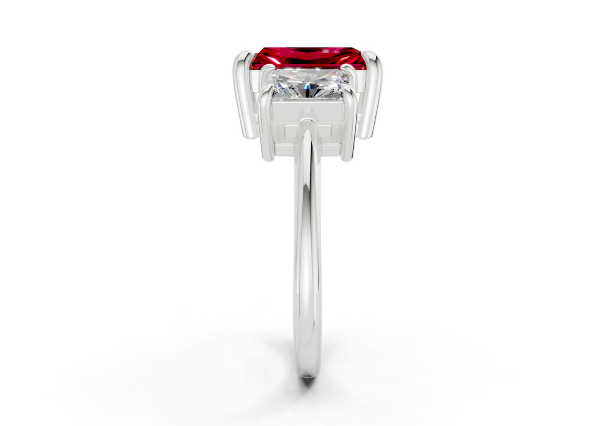Valencia Ruby Gemstone Three Stone Radiant Cut 2mm Engagement Ring
