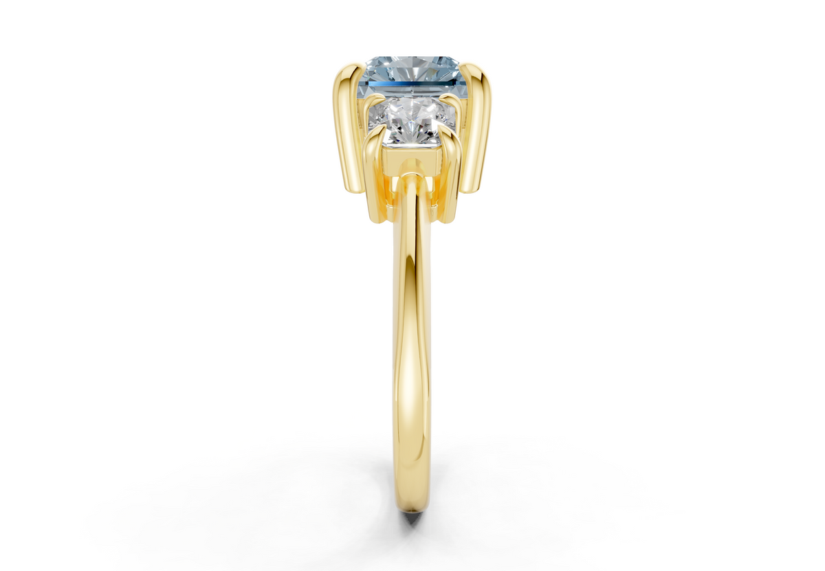 Valencia Blue Diamond Three Stone Radiant Square Cut 2mm Engagement Ring
