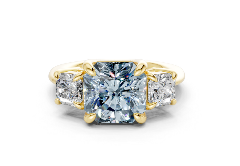 Valencia Blue Diamond Three Stone Radiant Square Cut 2mm Engagement Ring