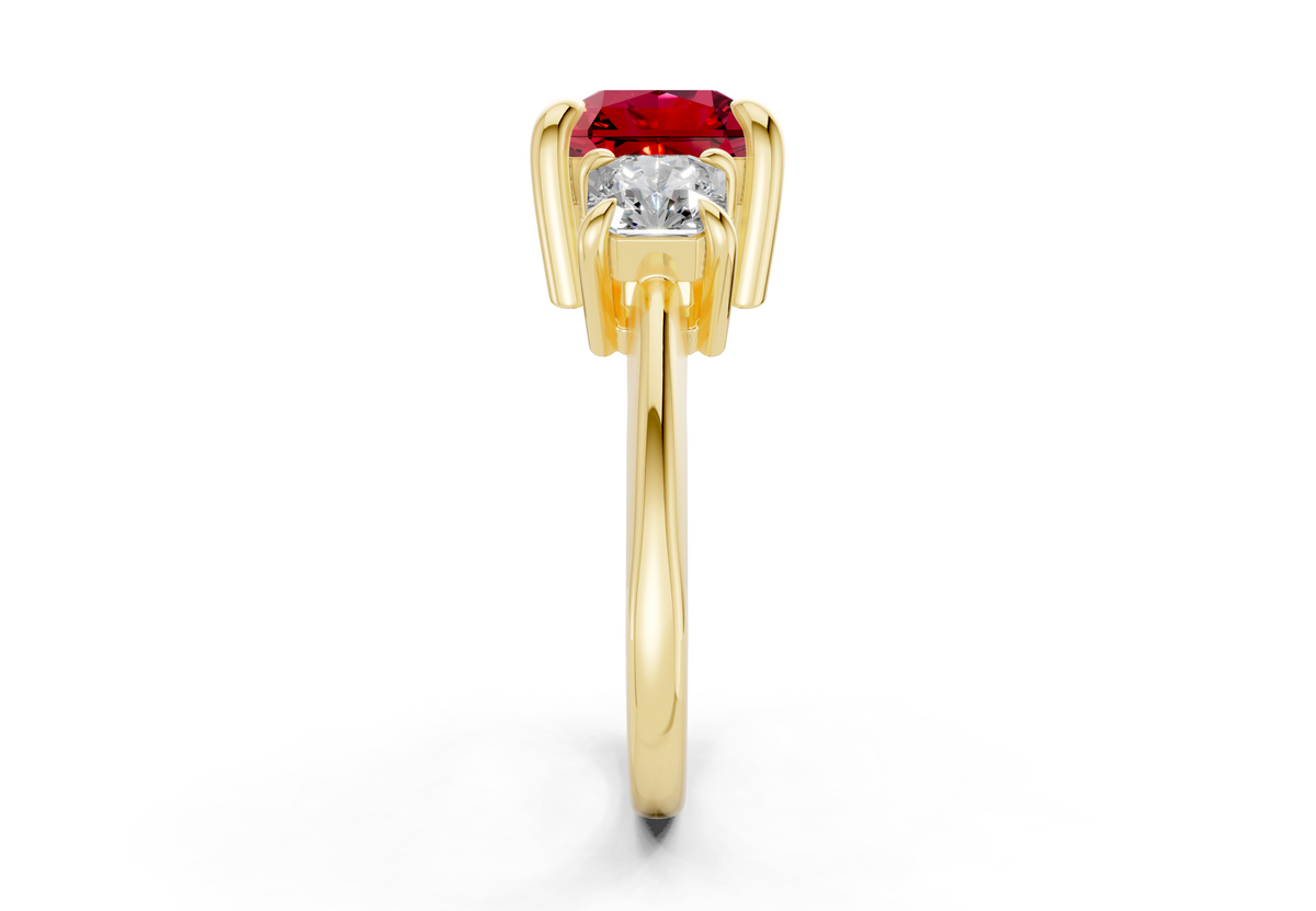 Valencia Ruby Gemstone Three Stone Radiant Square Cut 2mm Engagement Ring