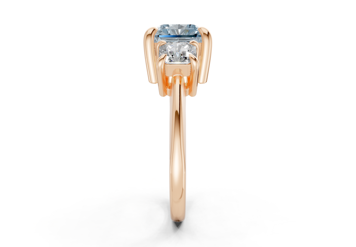 Valencia Blue Diamond Three Stone Radiant Square Cut 2mm Engagement Ring