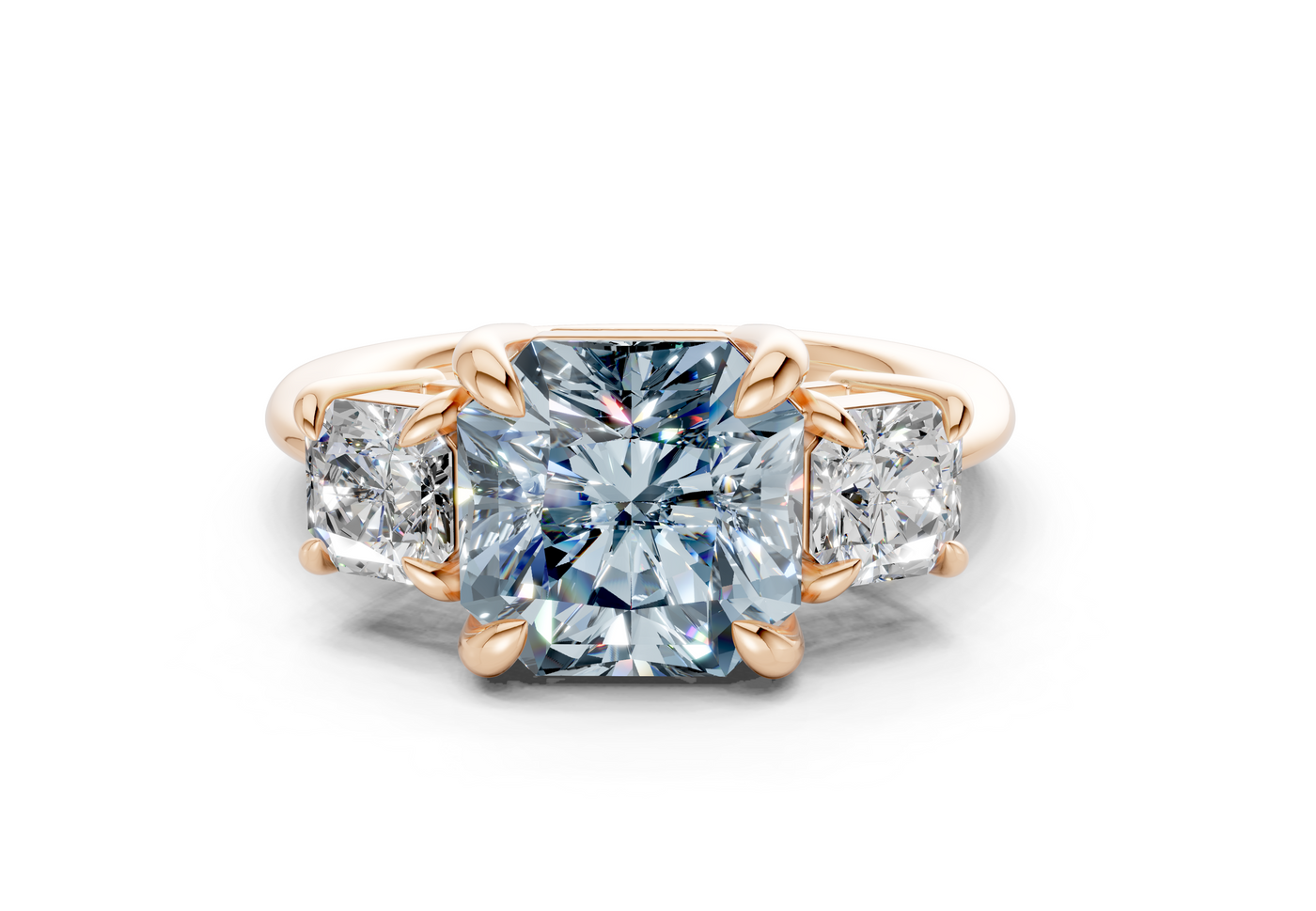 Valencia Blue Diamond Three Stone Radiant Square Cut 2mm Engagement Ring