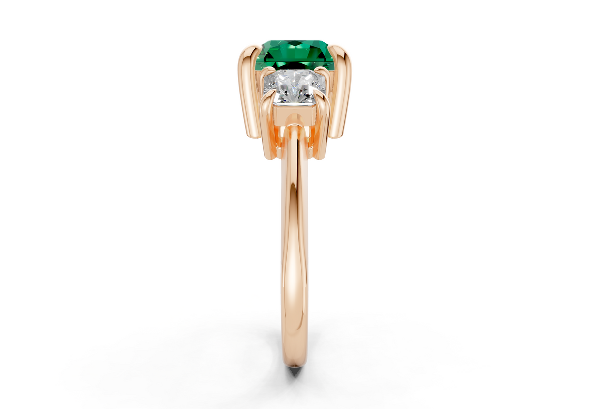 Valencia Emerald Gemstone Three Stone Radiant Square Cut 2mm Engagement Ring