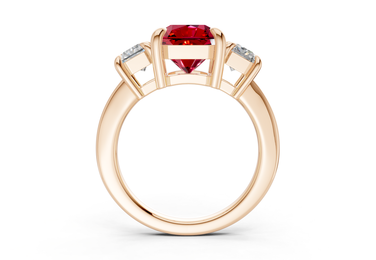 Valencia Ruby Gemstone Three Stone Radiant Square Cut 2mm Engagement Ring