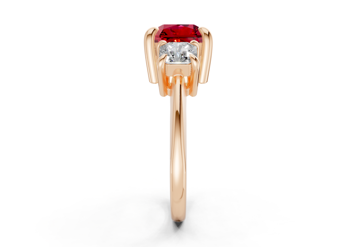 Valencia Ruby Gemstone Three Stone Radiant Square Cut 2mm Engagement Ring