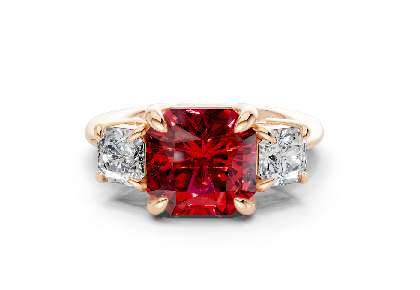 Valencia Ruby Gemstone Three Stone Radiant Square Cut 2mm Engagement Ring