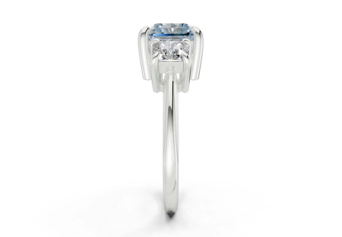 Valencia Blue Diamond Three Stone Radiant Square Cut 2mm Engagement Ring