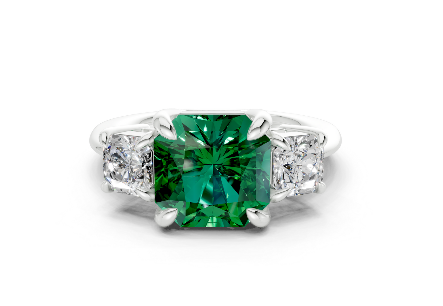 Valencia Emerald Gemstone Three Stone Radiant Square Cut 2mm Engagement Ring