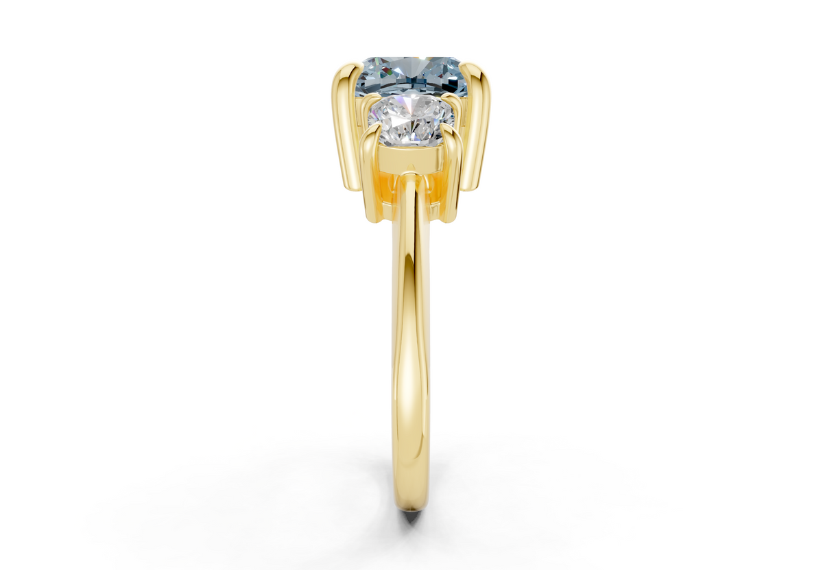 Valencia Blue Diamond Three Stone Cushion Square Cut 2mm Engagement Ring