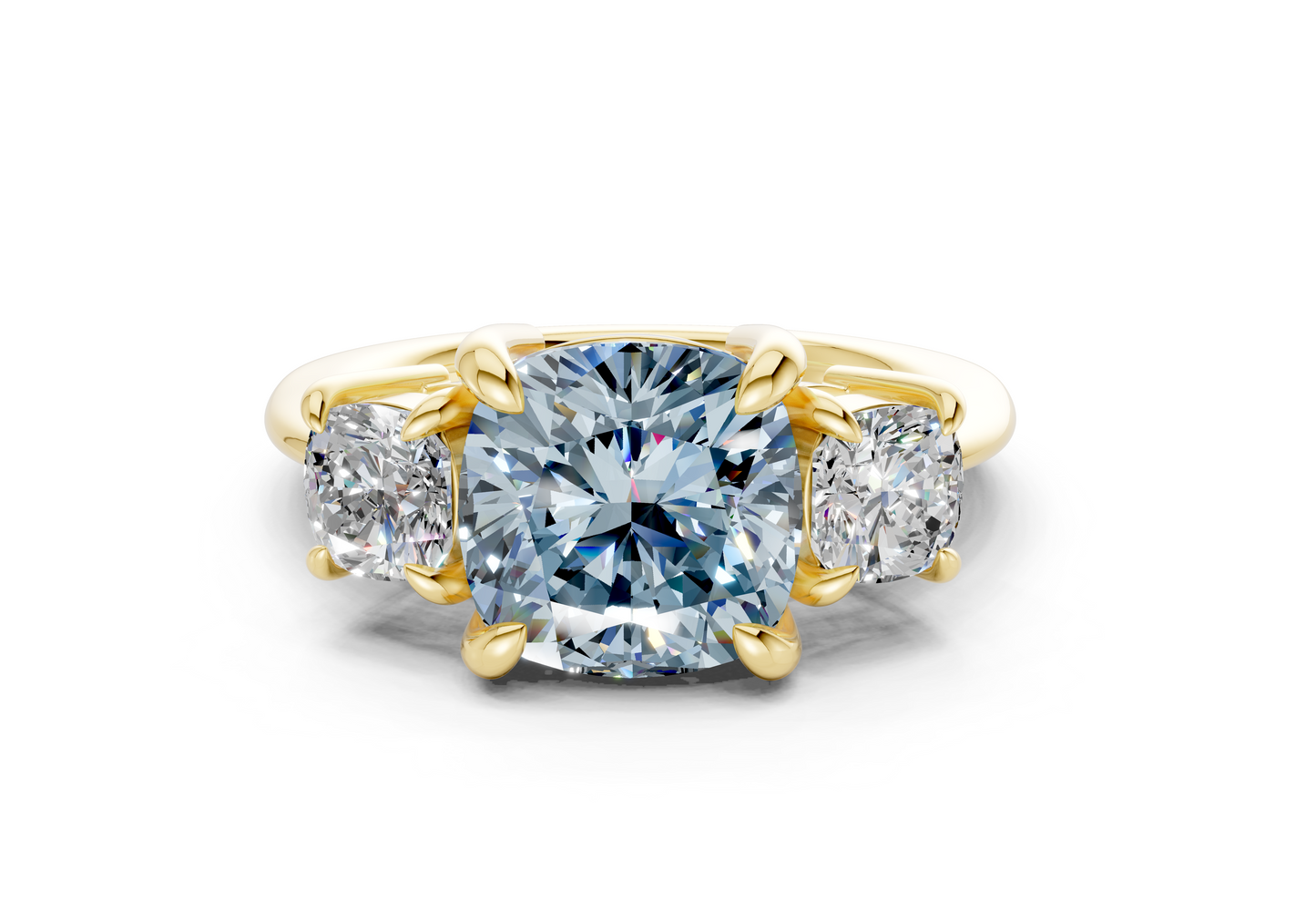 Valencia Blue Diamond Three Stone Cushion Square Cut 2mm Engagement Ring