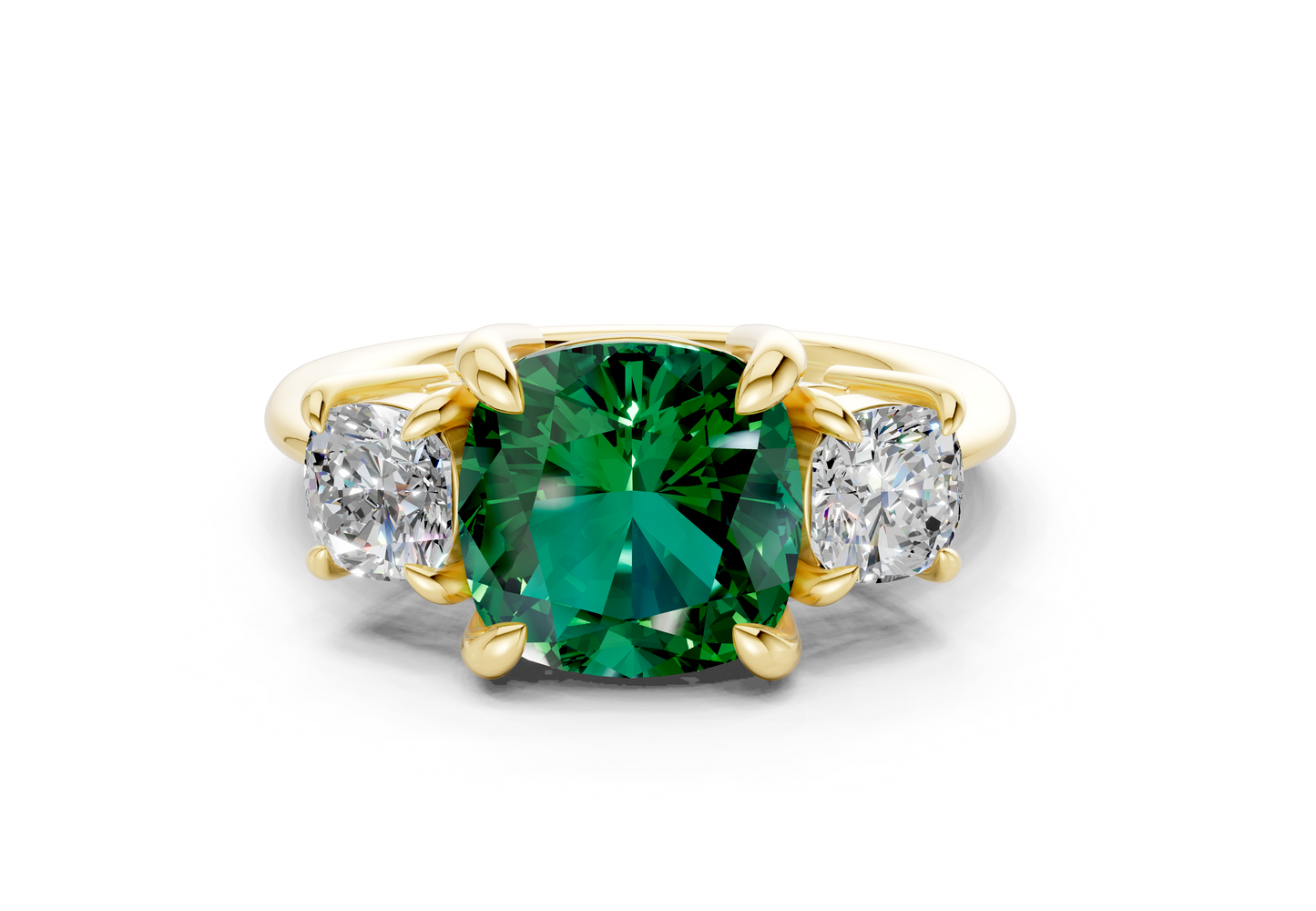 Valencia Emerald Gemstone Three Stone Cushion Square Cut 2mm Engagement Ring