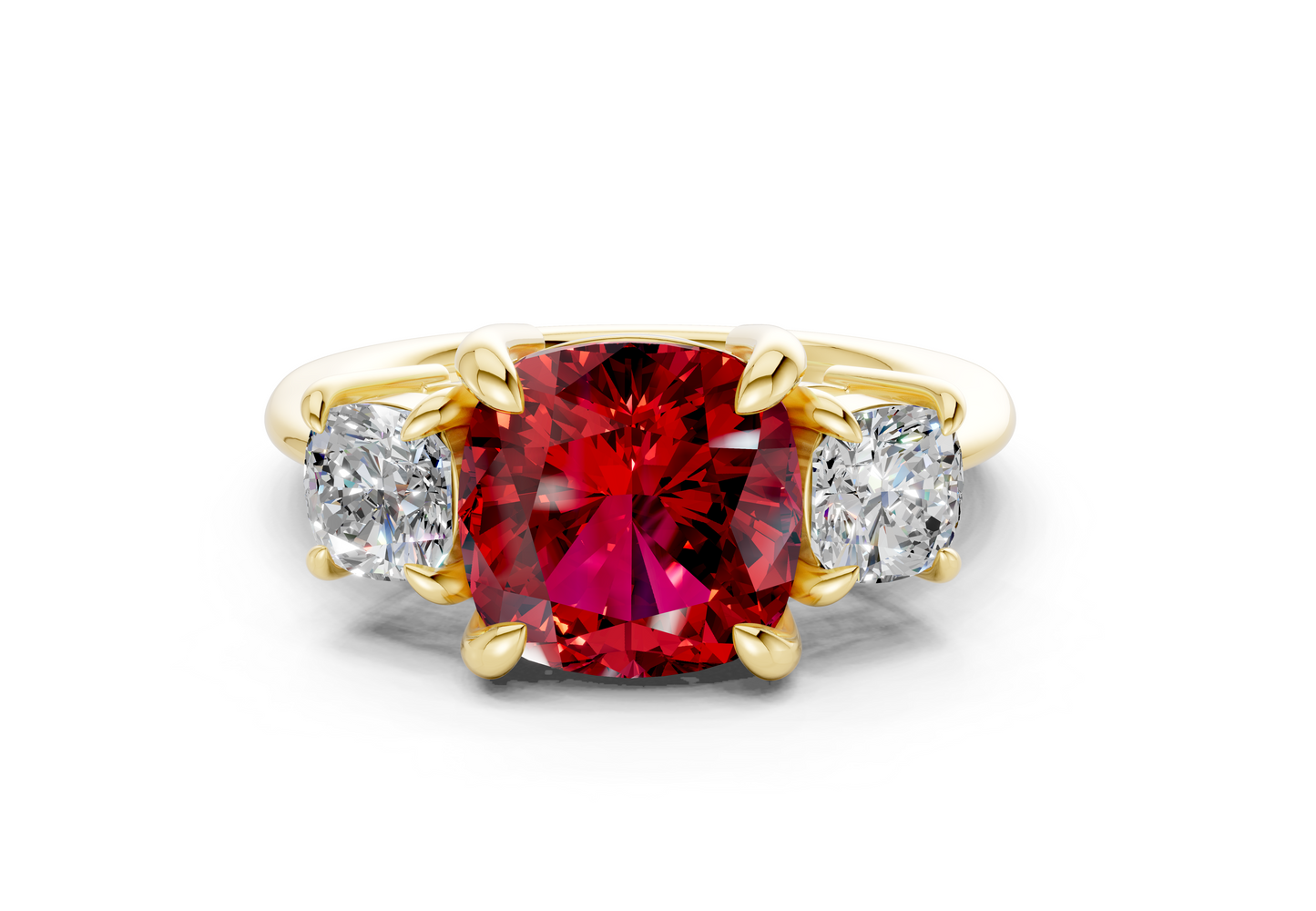Valencia Ruby Gemstone Three Stone Cushion Square Cut 2mm Engagement Ring