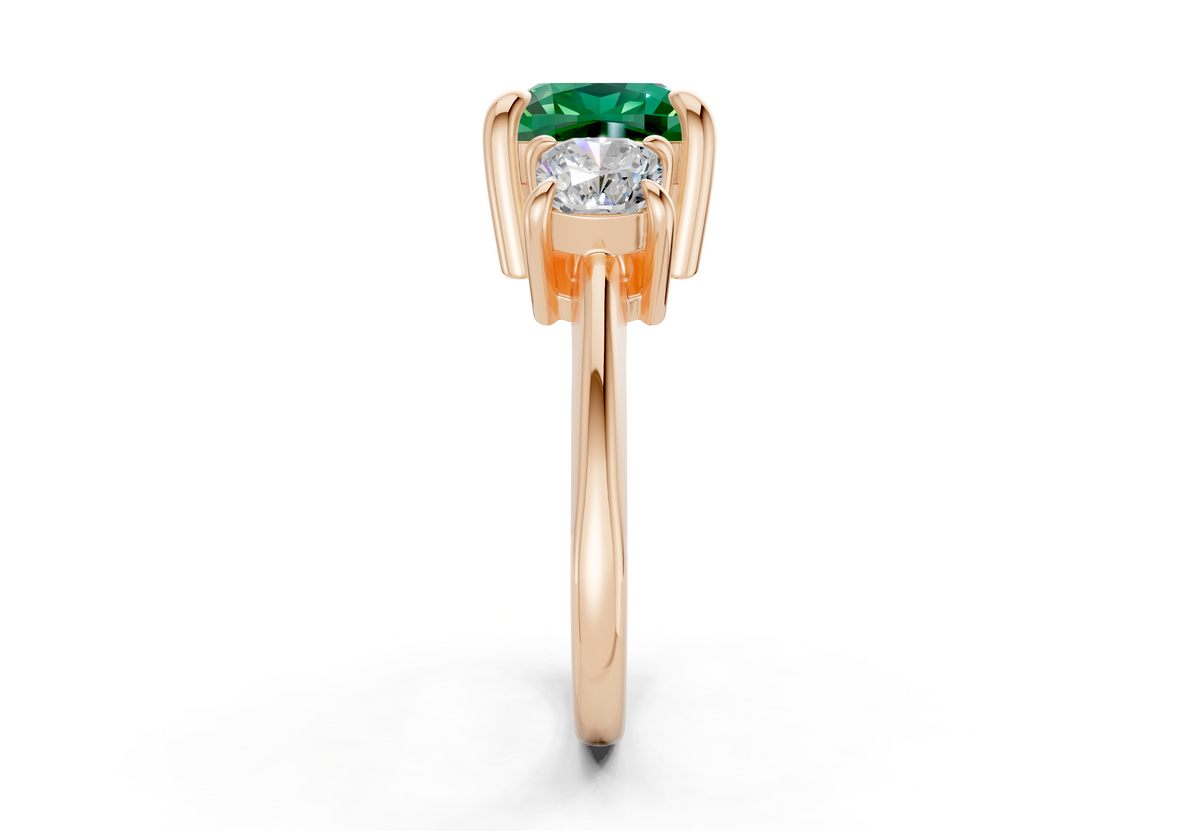 Valencia Emerald Gemstone Three Stone Cushion Square Cut 2mm Engagement Ring