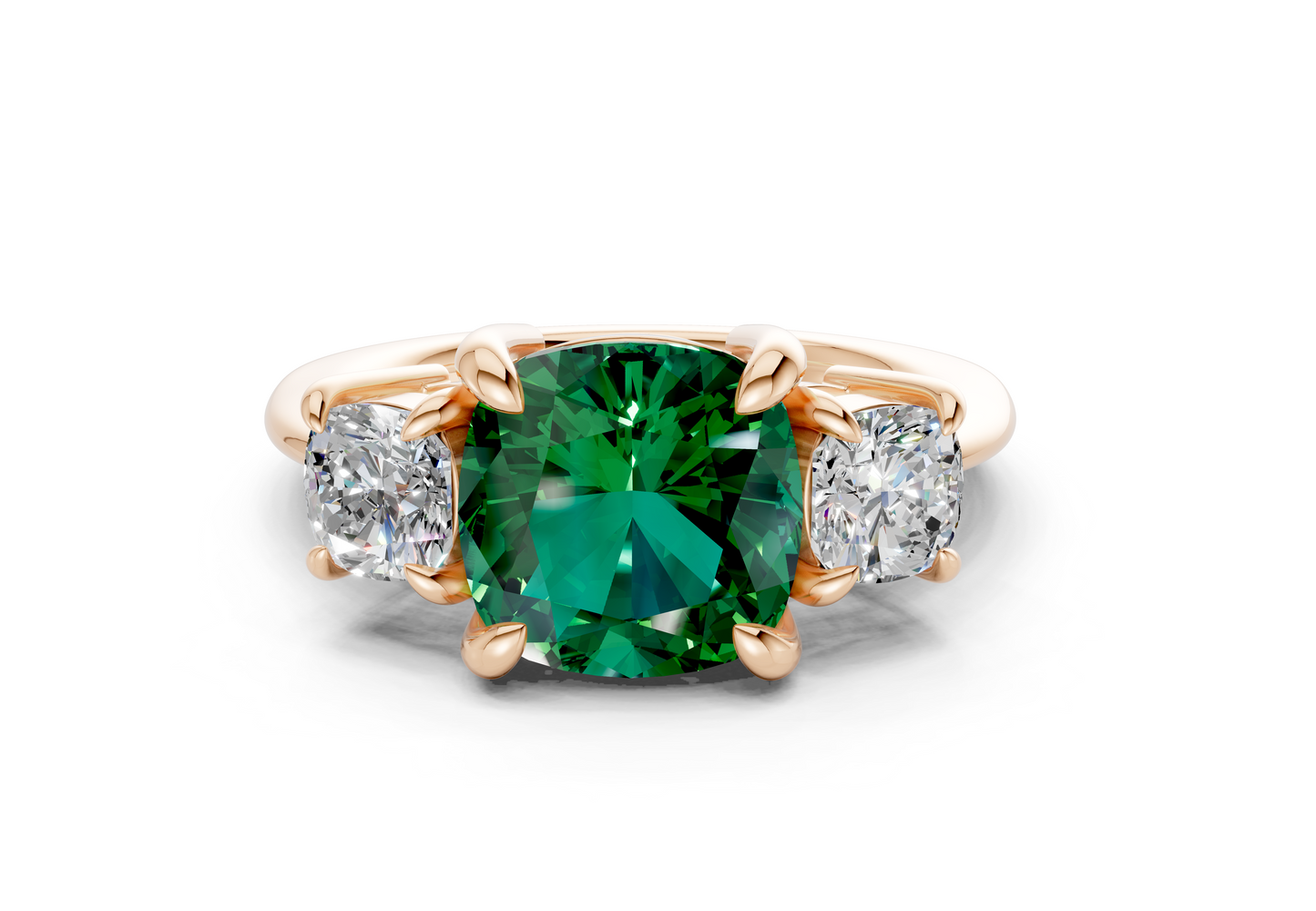 Valencia Emerald Gemstone Three Stone Cushion Square Cut 2mm Engagement Ring