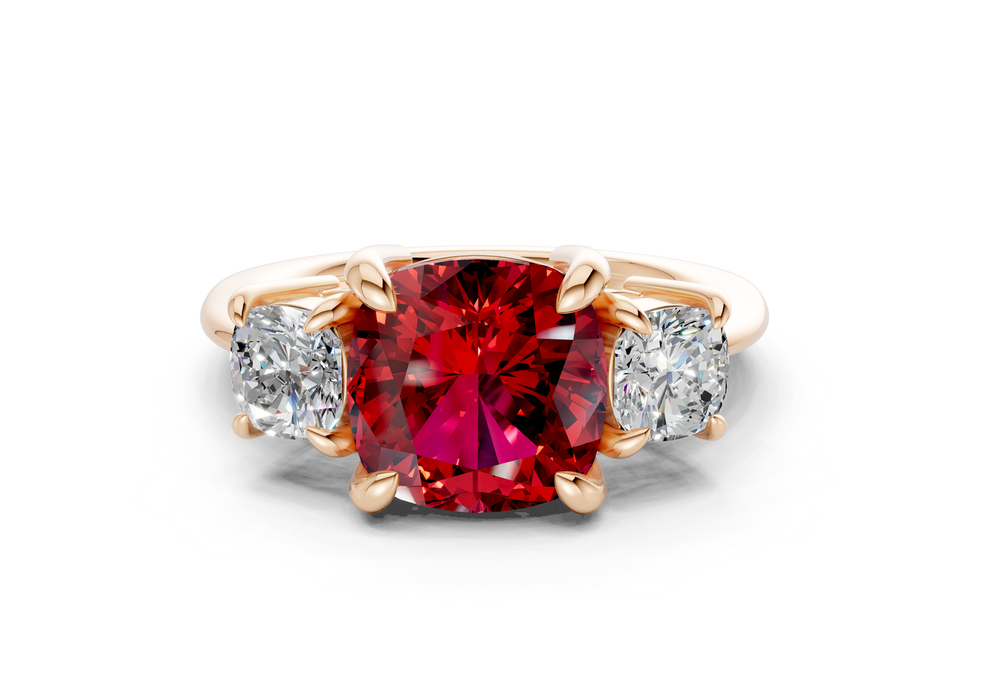 Valencia Ruby Gemstone Three Stone Cushion Square Cut 2mm Engagement Ring