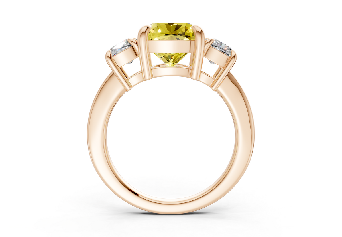 Valencia Yellow Diamond Three Stone Cushion Square Cut 2mm Engagement Ring