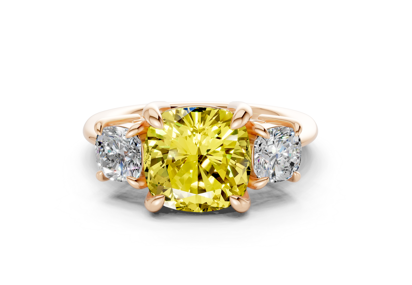 Valencia Yellow Diamond Three Stone Cushion Square Cut 2mm Engagement Ring