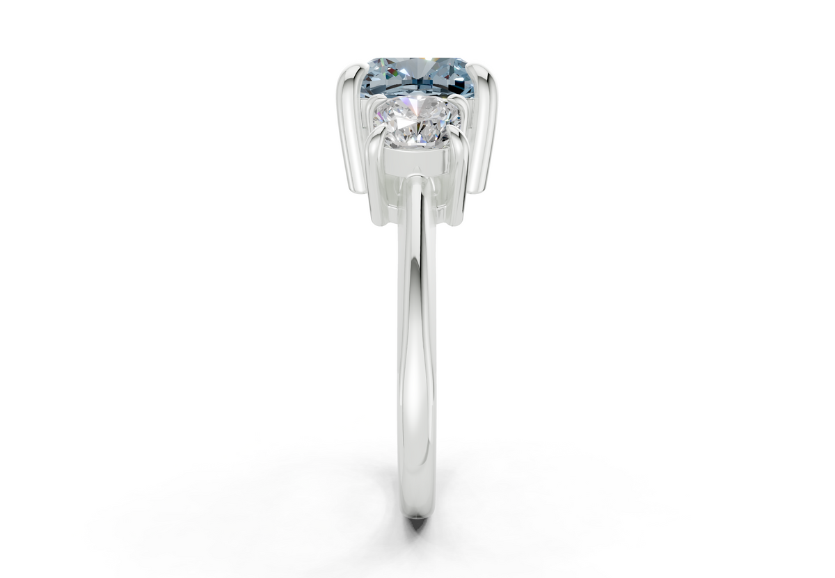 Valencia Blue Diamond Three Stone Cushion Square Cut 2mm Engagement Ring