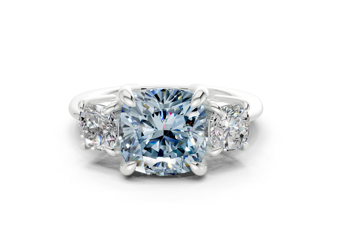 Valencia Blue Diamond Three Stone Cushion Square Cut 2mm Engagement Ring