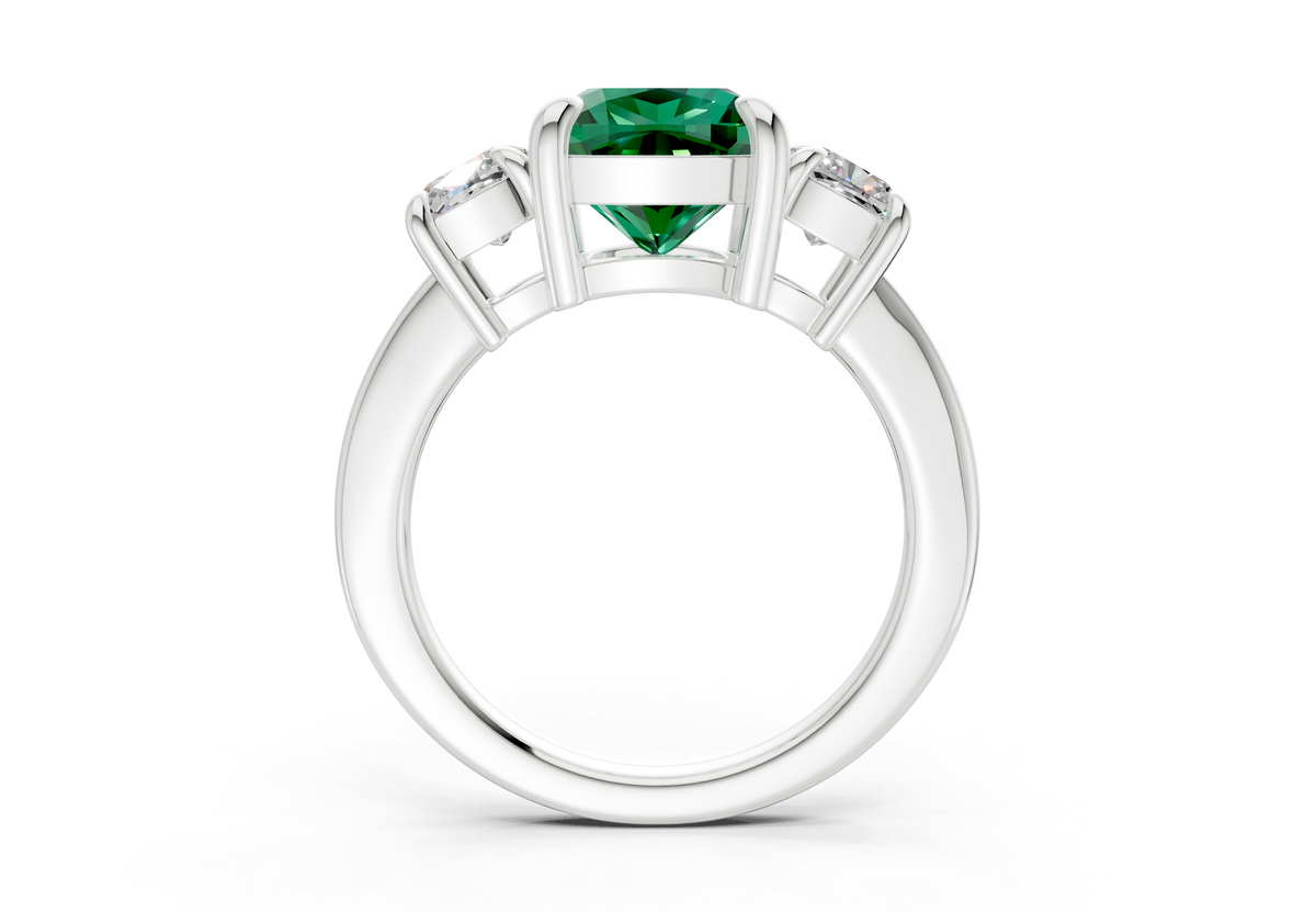 Valencia Emerald Gemstone Three Stone Cushion Square Cut 2mm Engagement Ring
