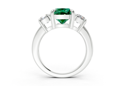 Valencia Emerald Gemstone Three Stone Cushion Square Cut 2mm Engagement Ring