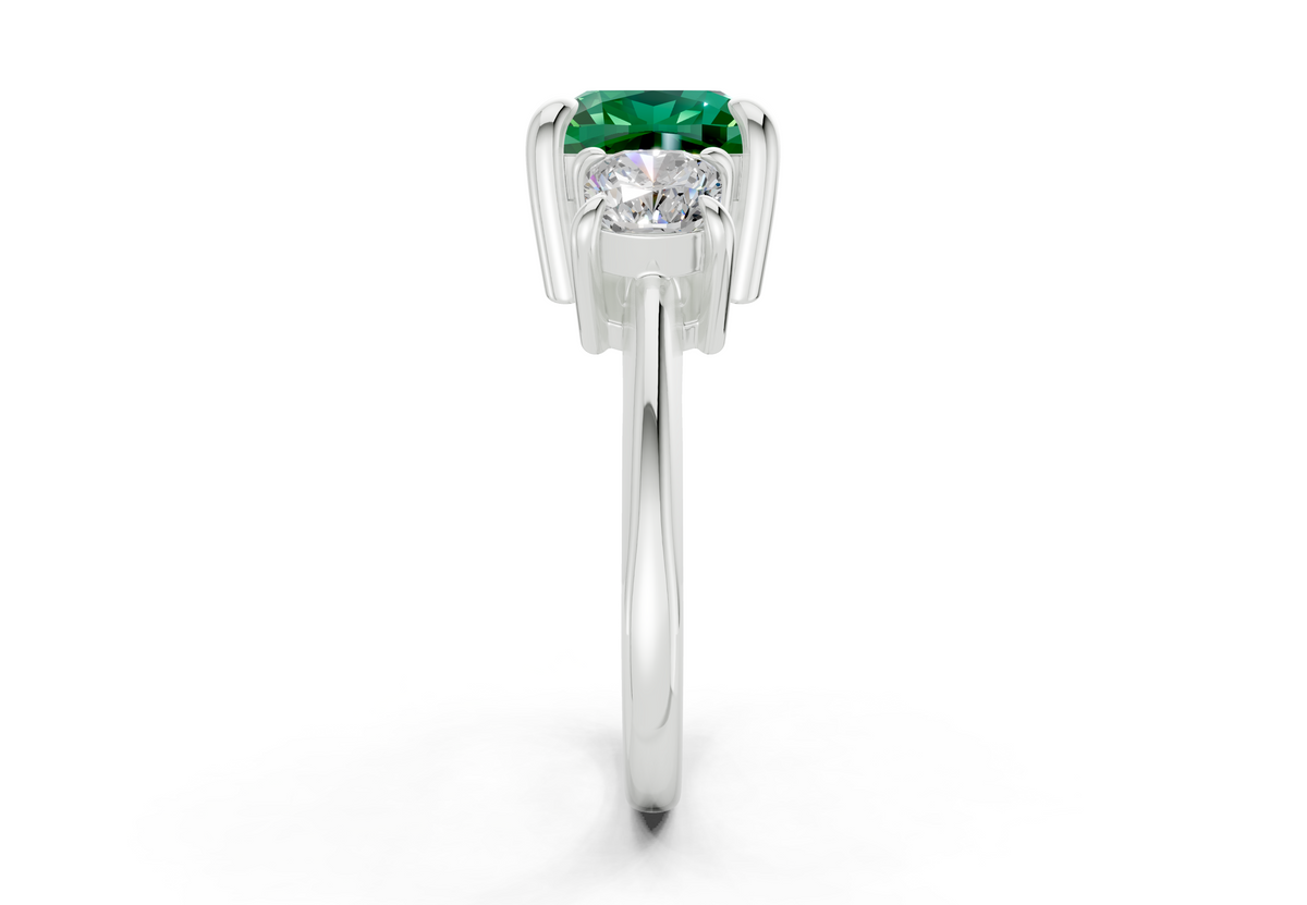 Valencia Emerald Gemstone Three Stone Cushion Square Cut 2mm Engagement Ring