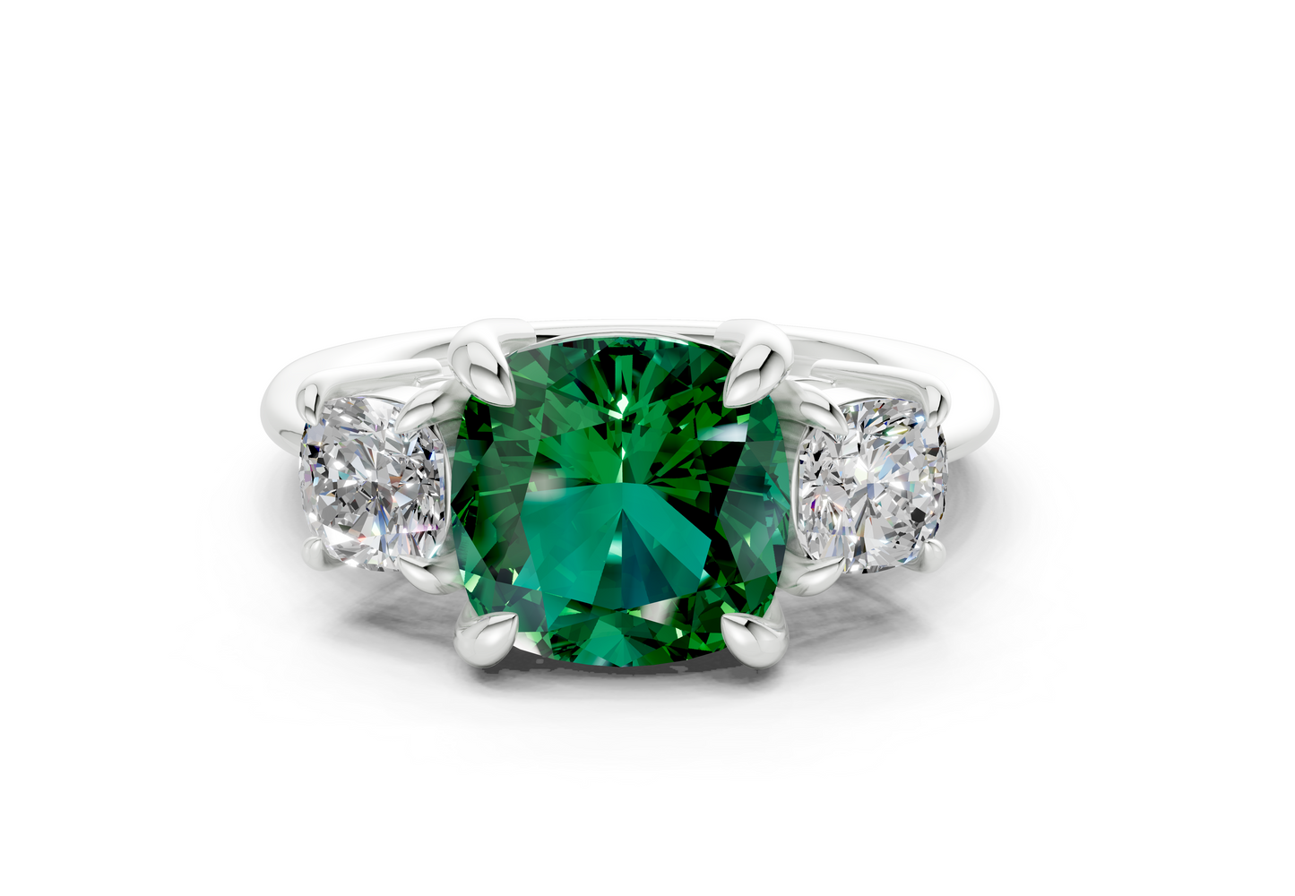 Valencia Emerald Gemstone Three Stone Cushion Square Cut 2mm Engagement Ring