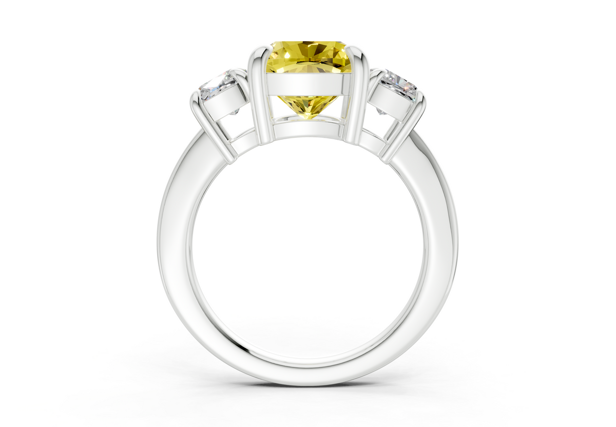 Valencia Yellow Diamond Three Stone Cushion Square Cut 2mm Engagement Ring